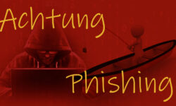Ein Hacker am Computer neben einem Angler, Warnung Achtung Phishing