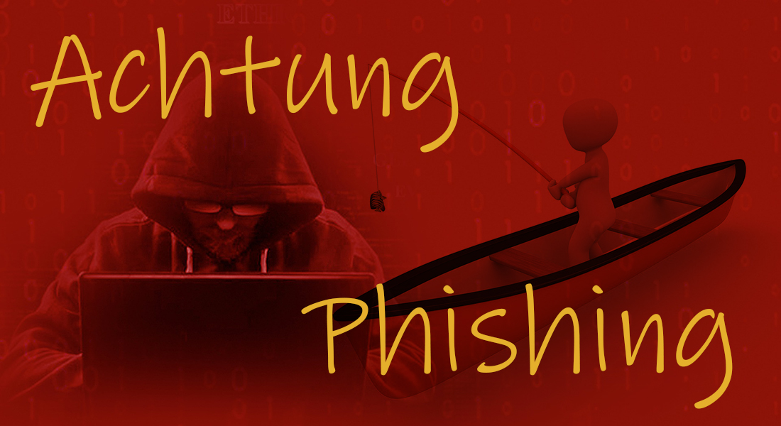 Ein Hacker am Computer neben einem Angler, Warnung Achtung Phishing